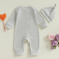 Ktwharnu Newborn Baby Boy Valentines Day Outfit Letter Embroidery Waffle Knit Romper Jumpsuit Long Sleeve Knit Bodysuit Hat (B-G