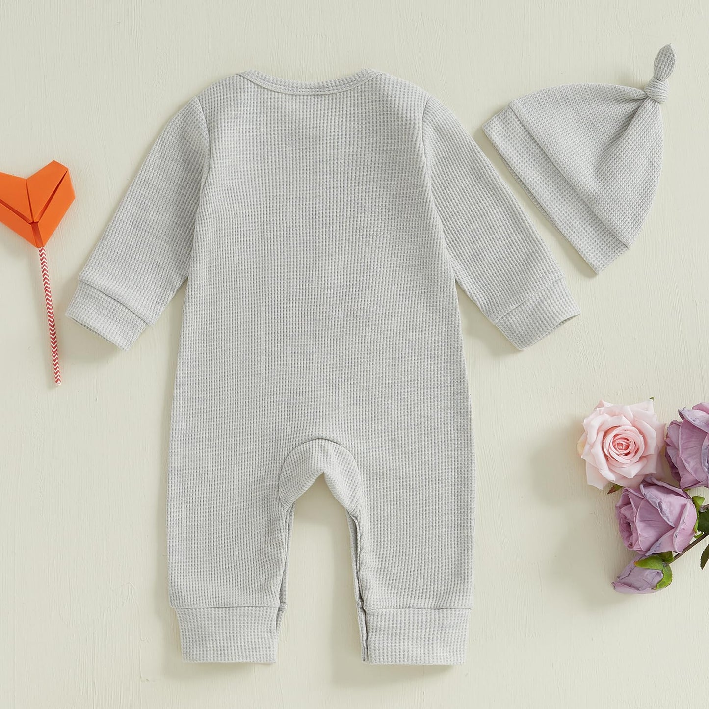 Ktwharnu Newborn Baby Boy Valentines Day Outfit Letter Embroidery Waffle Knit Romper Jumpsuit Long Sleeve Knit Bodysuit Hat (B-G