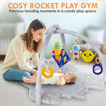 Quokka Baby Play Gym Xl - Rocket-Shaped Baby Play Mat With 6 Large Sensory Toys - Tummy Time Mat For Infant Development - Machin
