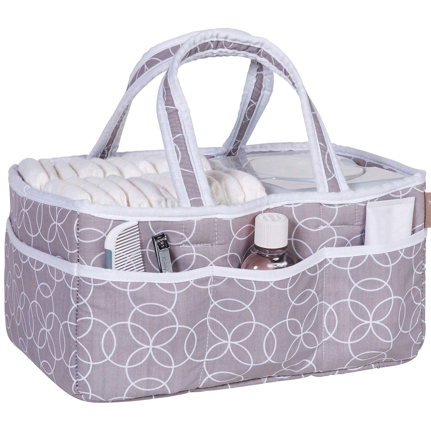 Dove Gray Chevron Storage Caddy - Chevron Print Body, Handles And Lining, Gray And White Trim, Gray And White, Two Handles, 12 I