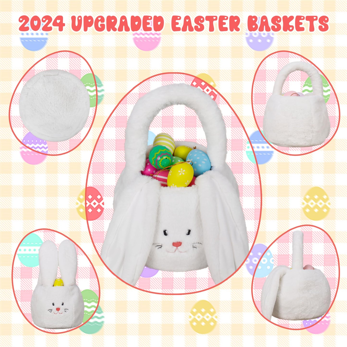 Ourhonor Easter Basket Plush, Bunny Easter Basket For Kids, Plush Easter Buckets With Long Ear Easter Bags For Boys Girls, Easte