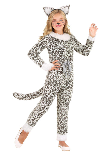 Kids Spotted Snow Leopard Costume Girls, White Faux Fur Animal Cute Cat Jumpsuit Halloween Outfit S