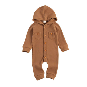 Ynibbim Winter Newborn Baby Boy Girl Solid Romper Unisex Infants Hooded Outfit Clothes Waffle Cotton Button Jumpsuits (Khaki, 0-