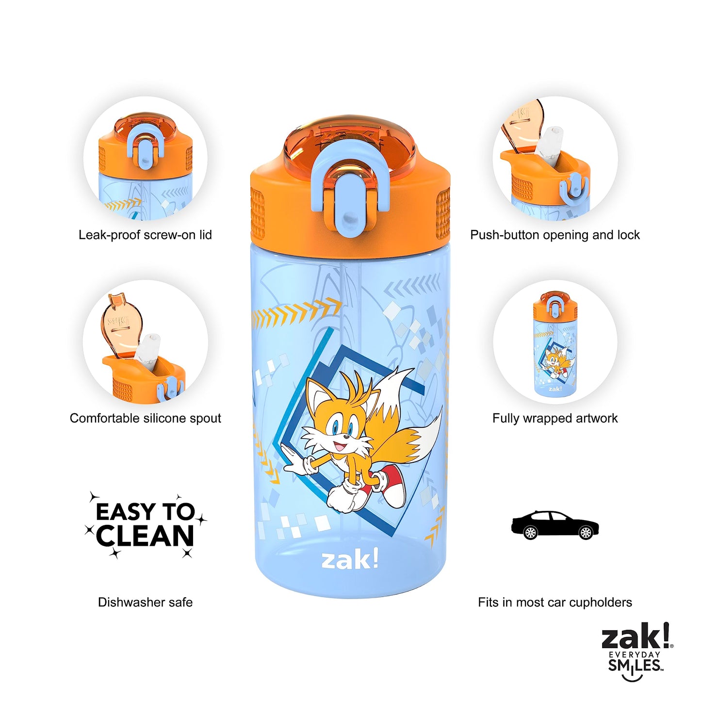 Zak Designs Sonic The Hedgehog Kids Water Bottle For School Or Travel, 16Oz 2-Pack Durable Plastic Water Bottle With Straw, Hand