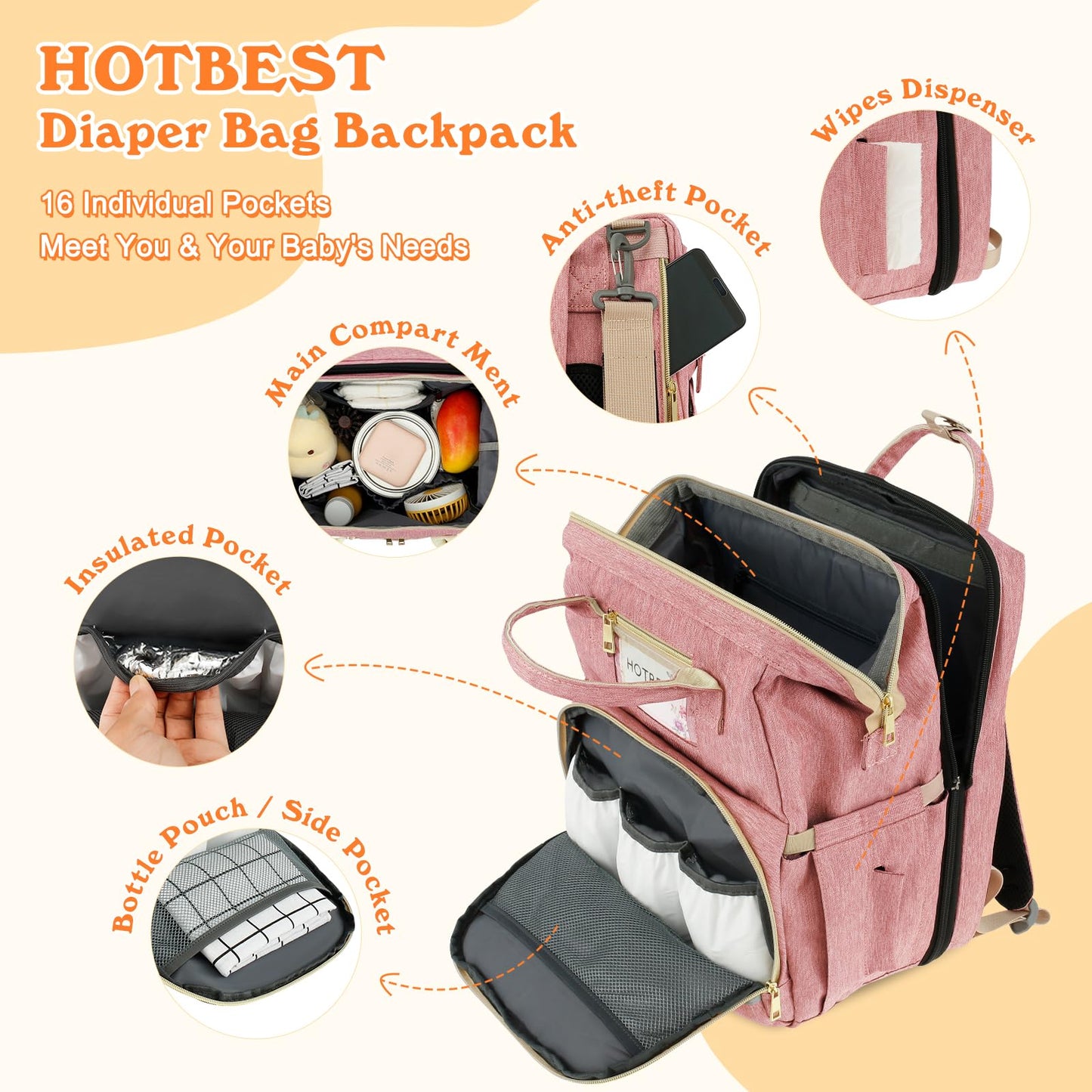 Hotbest Diaper Bag Backpack, Pink, Large