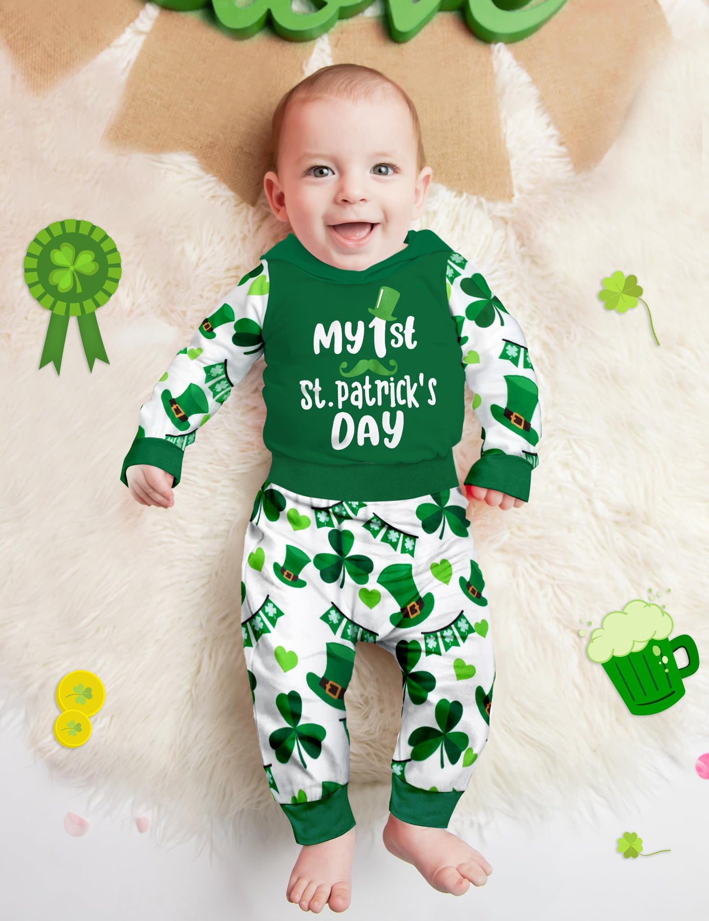 St Patricks Day Baby Boy Outfit 9-12 Months My First St Patricks Day Baby Boy Outfit Hoodie Four-Leaf Clover Sleeves Slacks 2-Pi