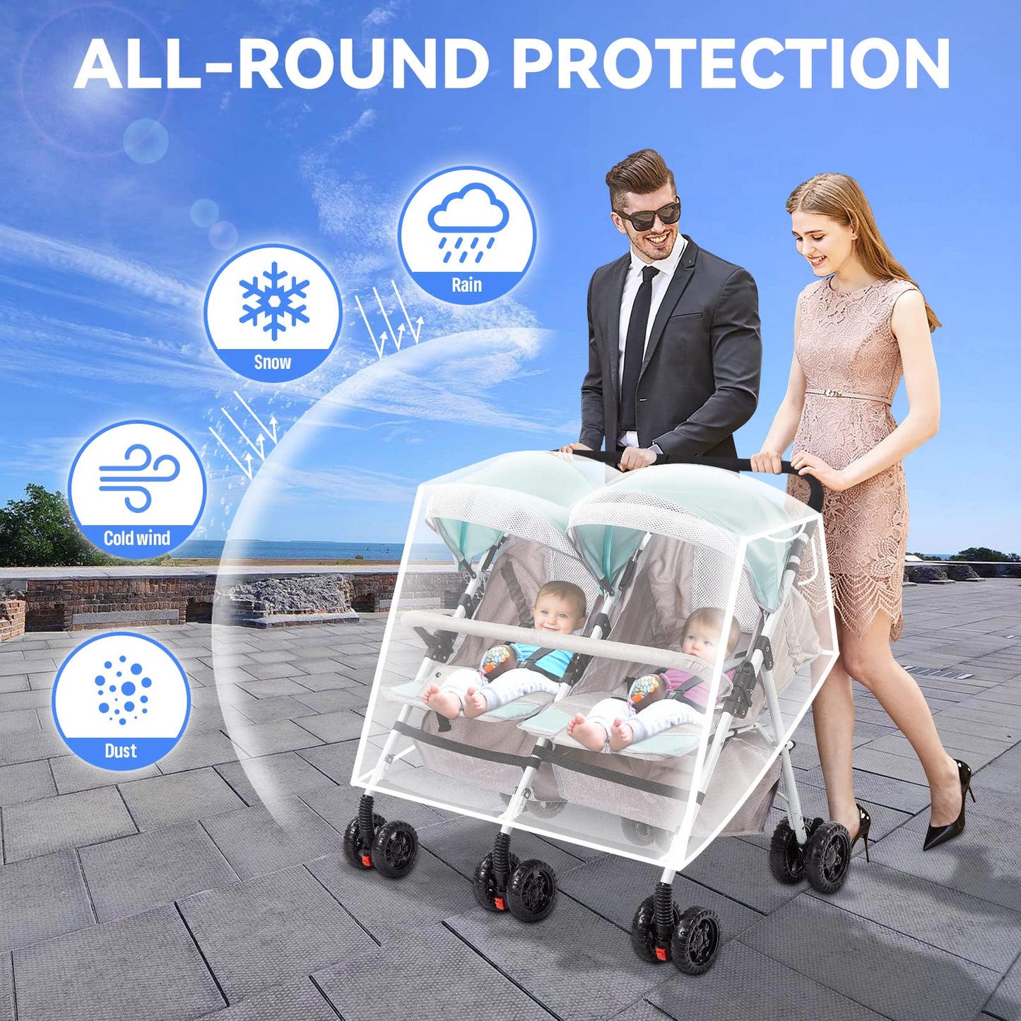 Double Stroller Rain Cover, Waterproof Weather Shield For Side By Side Baby Double Stroller, Twins Stroller Cover For Rain/Wind/