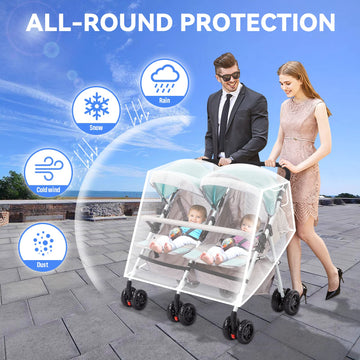 Double Stroller Rain Cover, Waterproof Weather Shield For Side By Side Baby Double Stroller, Twins Stroller Cover For Rain/Wind/