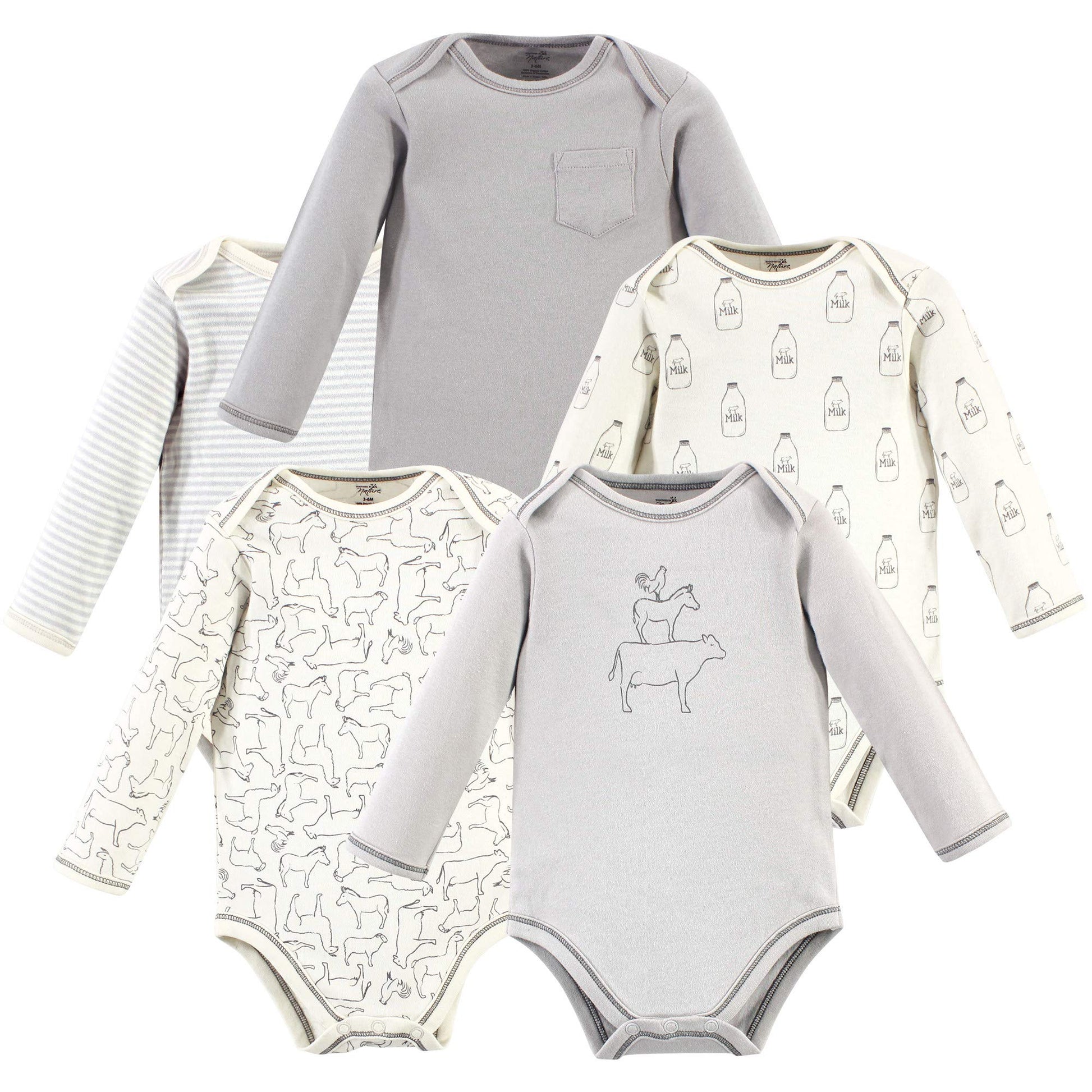 Touched By Nature Baby Boys Organic Cotton Long-Sleeve Bodysuits T Shirt Set, Farm Friends, 3-6 Months Us