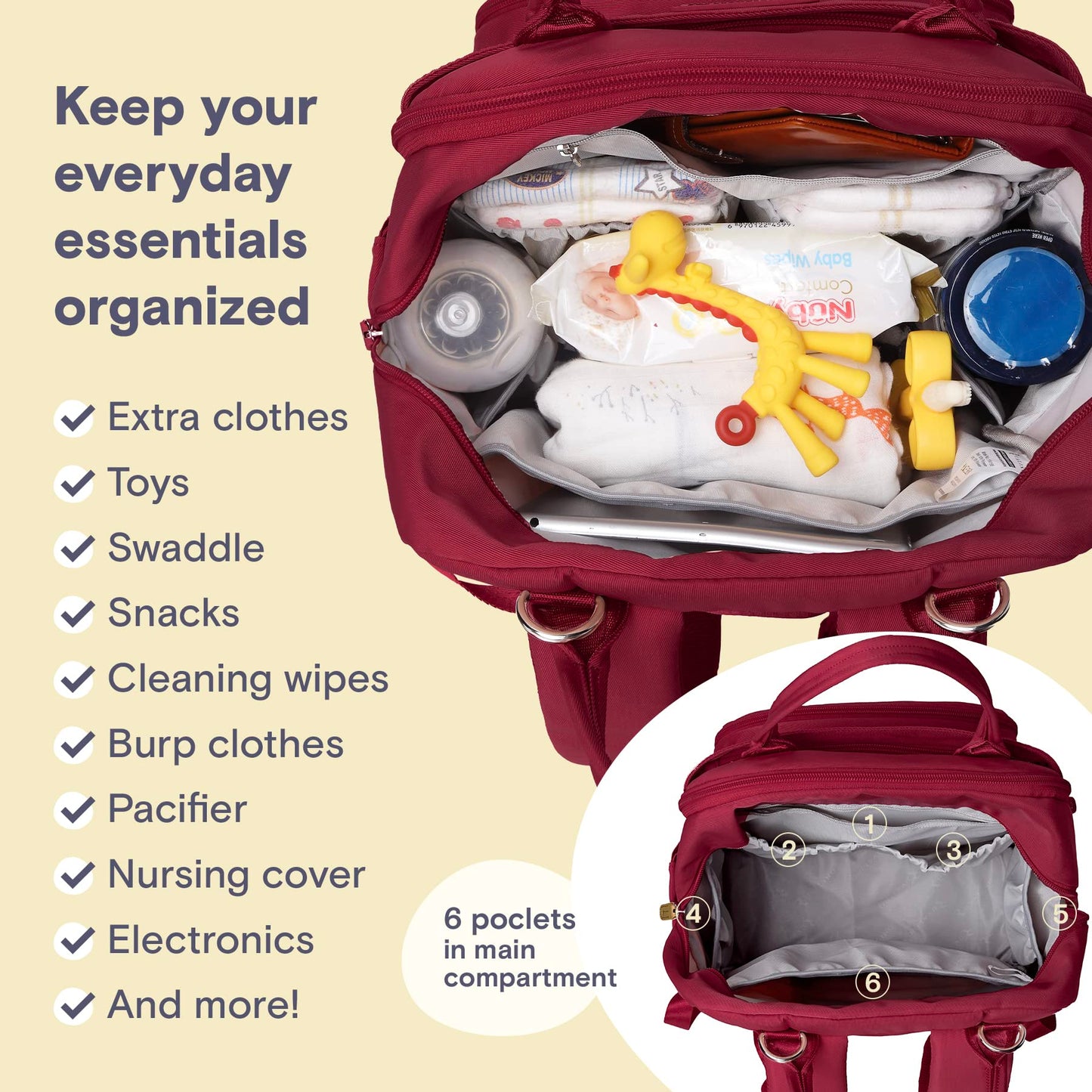 Ruvalino Diaper Bag Backpack, Multifunction Travel Pack Maternity Baby Changing Bags, Large Capacity, Waterproof, Purplish Red