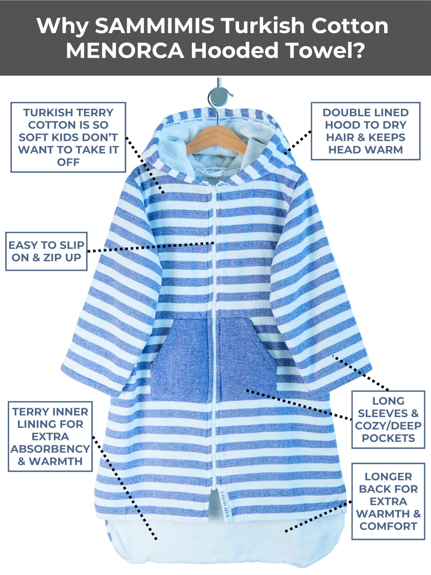Sammimis Swim Suit Cover Up - Menorca - Kids Beach Towel With Hood, Zipper, Pockets, Long Sleeves & Terry Lining - Boys & Girls