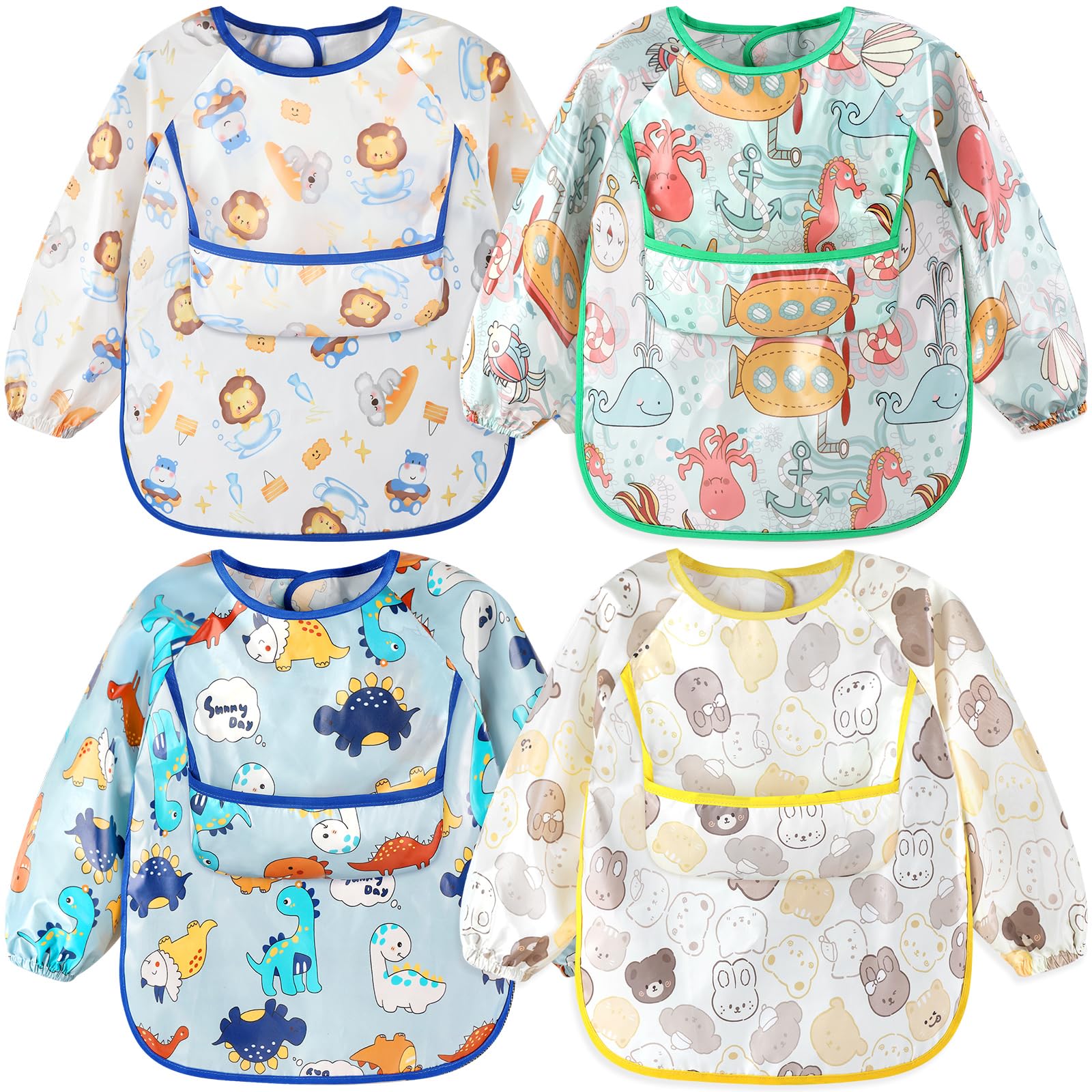 Accmor 4 Pack Long Sleeve Baby Bibs, Waterproof Sleeved Bibs For Eating Feeding, Toddler Baby Girls Boys Smock Bibs