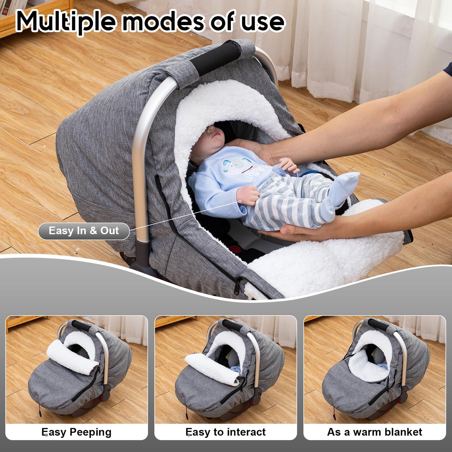 Winter Baby Car Seat Cover, Carseat Cover with Plush Sherpa Fleece Lining, Infant Car Seat Canopy with Peeping Window & Huge Spa