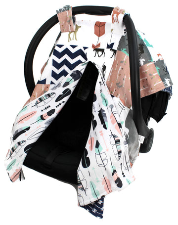 Dear Baby Gear Deluxe Reversible Car Seat Canopy, Custom Minky Print, Woodland Deer Quilt Feathers Pink Mint