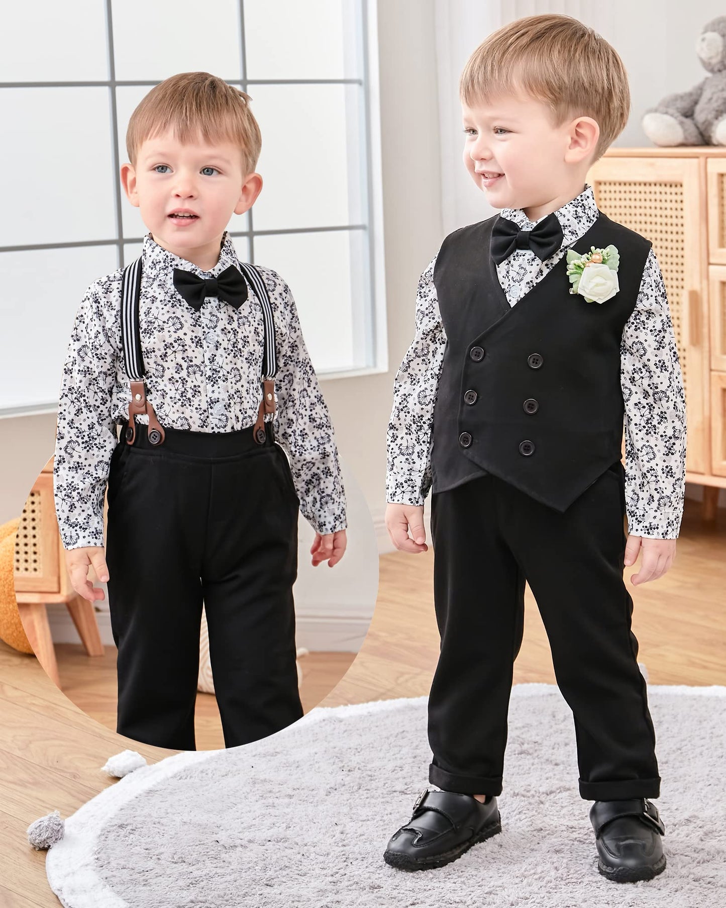 Yallet Toddler Baby Boy Clothes Suit Gentleman Wedding Outfits, Formal Dress Shirt+Bowtie+Vest+Boutonniere+Suspender Pants(V Bla