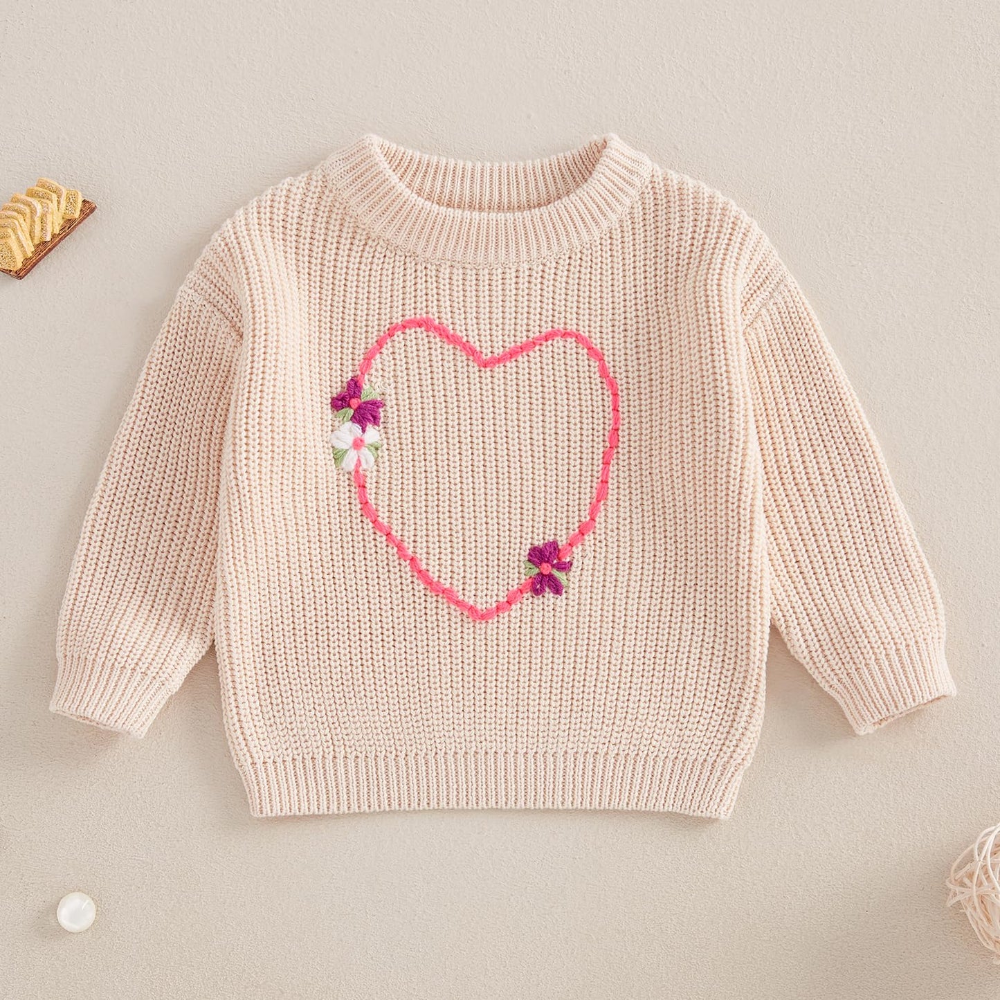 Nokpsedcb Baby Girl Cute Long Sleeve Heart Flowers Embroidery Oversized Sweater Toddler Valentine Outfit (Beige, 9-12 Months)