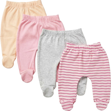123 Bear Baby Soft Cotton Spandex Pants with Feet Multipack (Pink A 4pk, 0-3 Months)