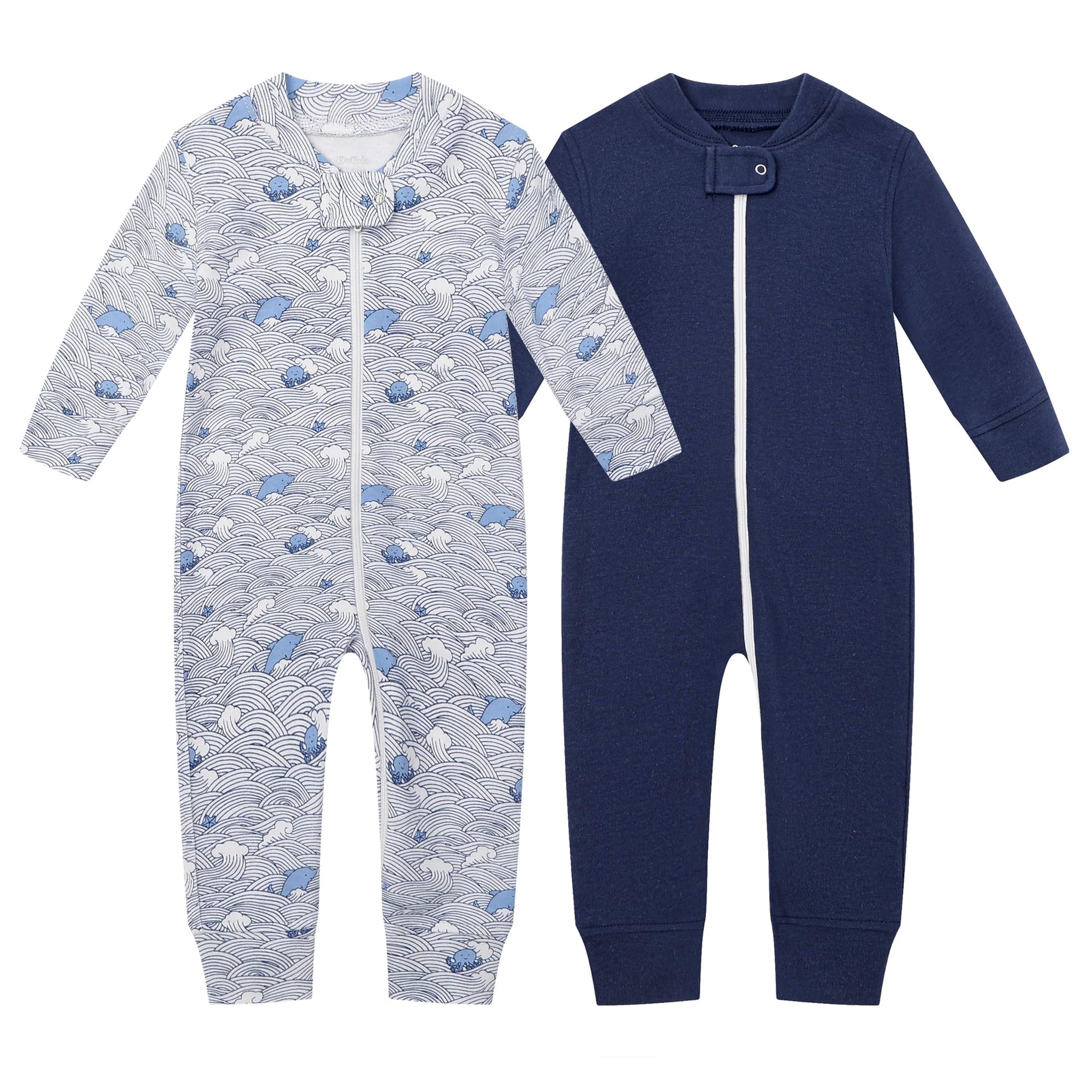 Owlivia Organic Cotton Baby Boy Girl Zip Up Sleep N Play, Footless, Long Sleeve(6-12 Months, Wave & Navy)