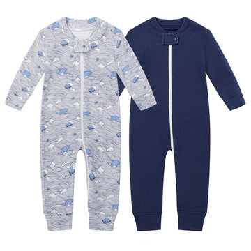 Owlivia Organic Cotton Baby Boy Girl Zip Up Sleep N Play, Footless, Long Sleeve(6-12 Months, Wave & Navy)