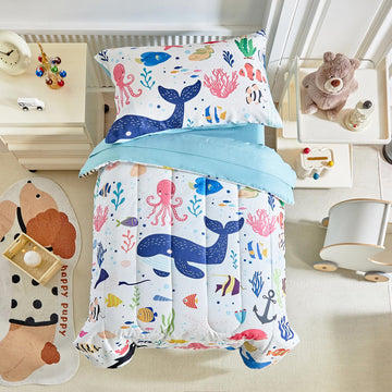 Joyreap 4 Piece Toddler Bedding Set- Ocean Theme White Design, Microfiber Toddler Bedding Comforter Set For Kids Boys Girls