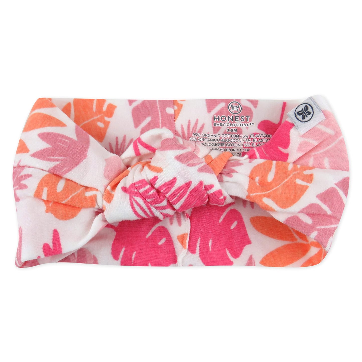 Honestbaby 2-Piece Organic Cotton Rib Romper W/Headband, Jungle Leaves Pink, 3-6 Months