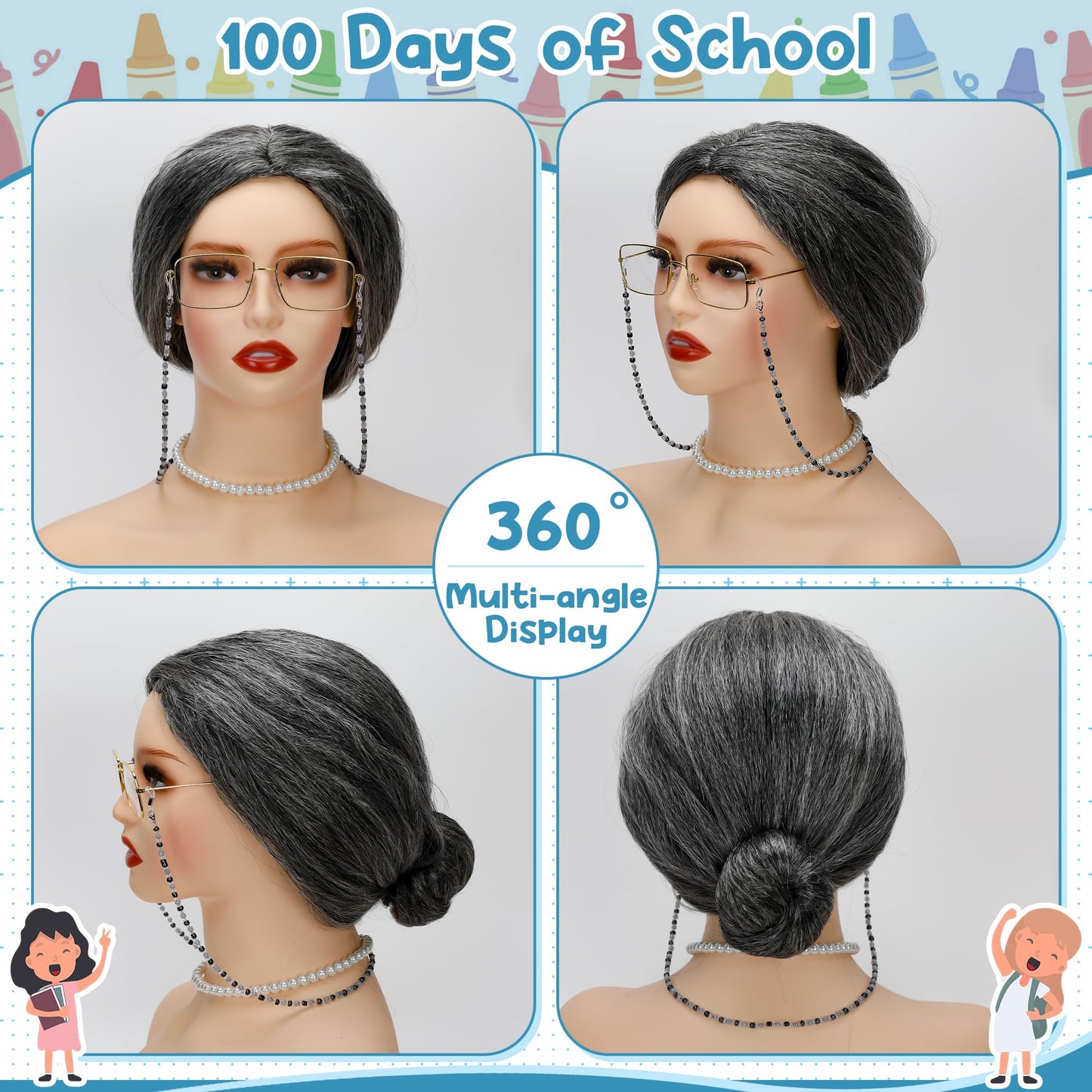Huskein 100 Days Of School Costume, Old Lady Cosplay Silver Bun Wig Glasses Wig Cap Pearl Necklace Bracelet Accessories For Girl