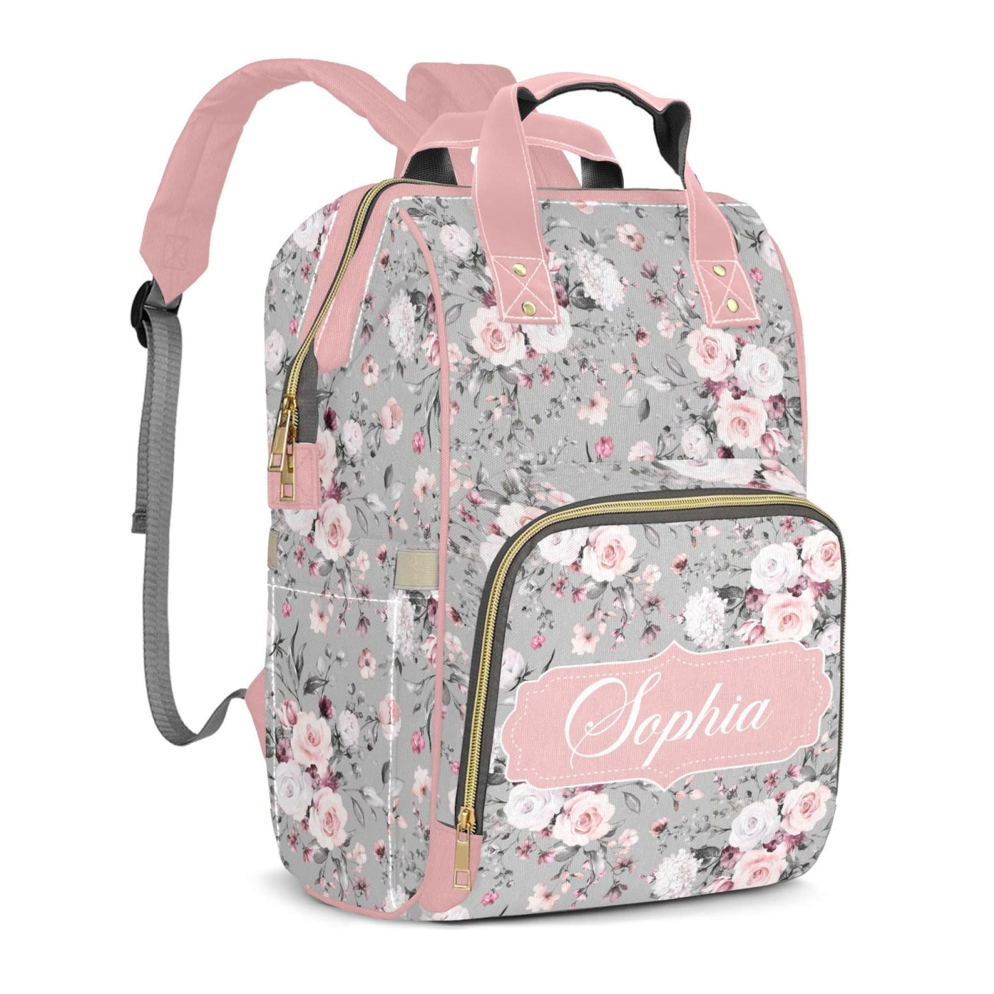Personalized Name Nappy Bag Large Capacity Baby Diaper Bags, Color Pink Floral Monogram Daypack Custom Name Backpack Casual Dayp