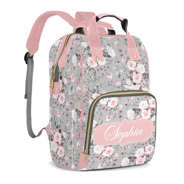 Personalized Name Nappy Bag Large Capacity Baby Diaper Bags, Color Pink Floral Monogram Daypack Custom Name Backpack Casual Dayp