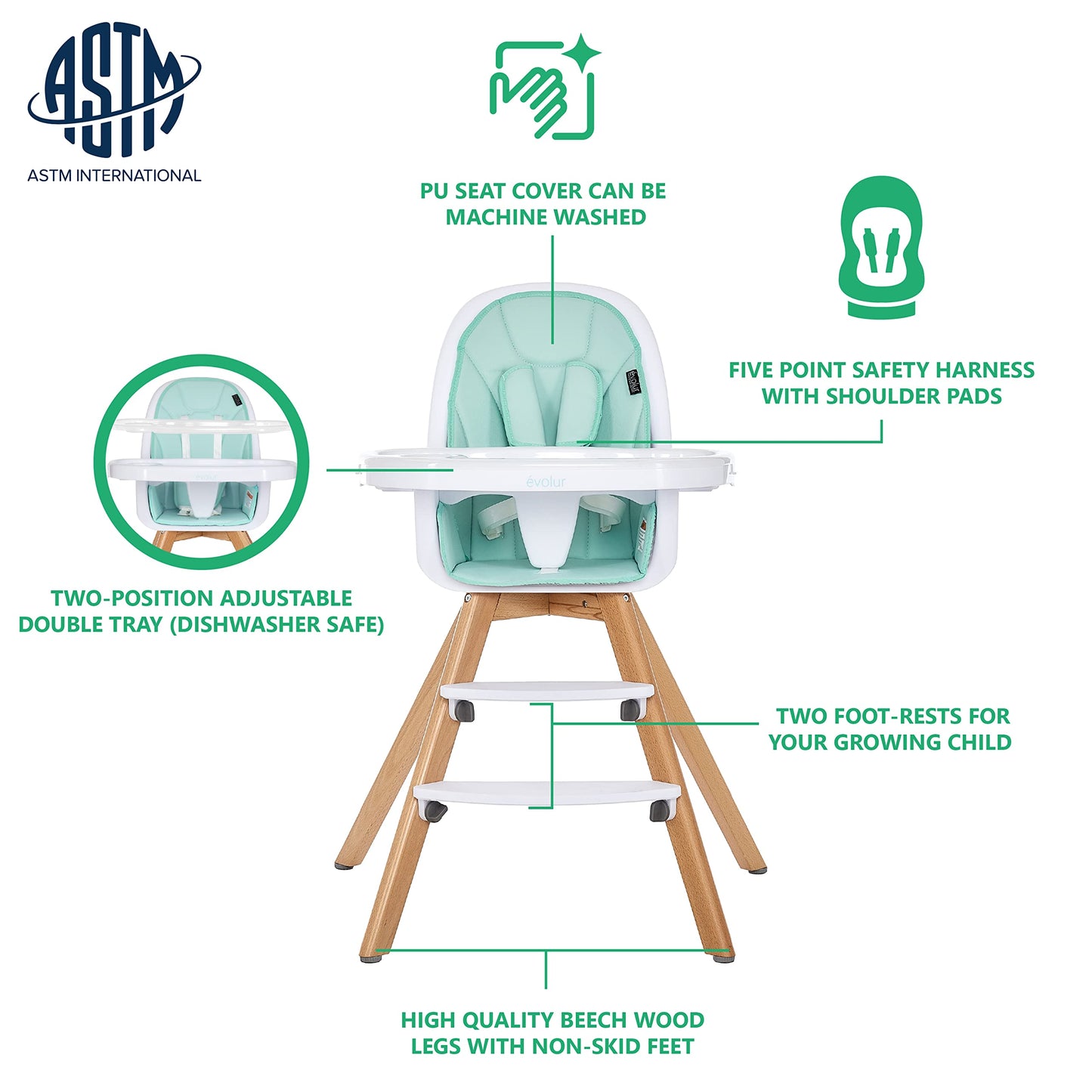 Evolur Zoodle 2 in 1 Convertible Baby High Chair in Mint