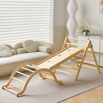 Giant bean Pickler-3 Piece Climbing Gym, Pastel 5 in 1 Pikler Triangle Set, Foldable Wooden Toddler Climbing Toys Indoor, Playgr