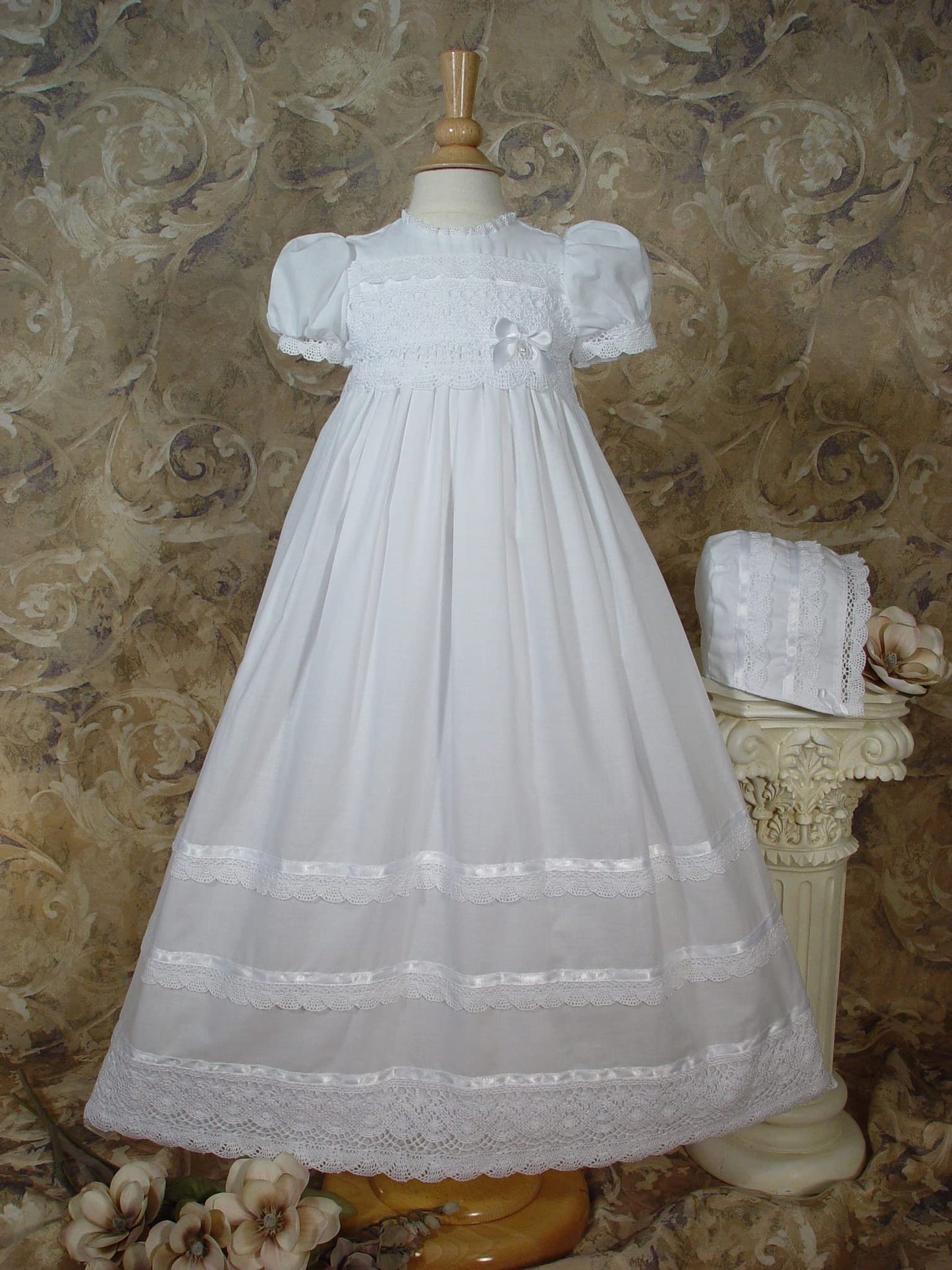 Little Things Mean A Lot 30' Cotton Batiste White Christening Baptism Gown With Cluny Trim And Bonnet - 3 Months (8-12 Lbs)