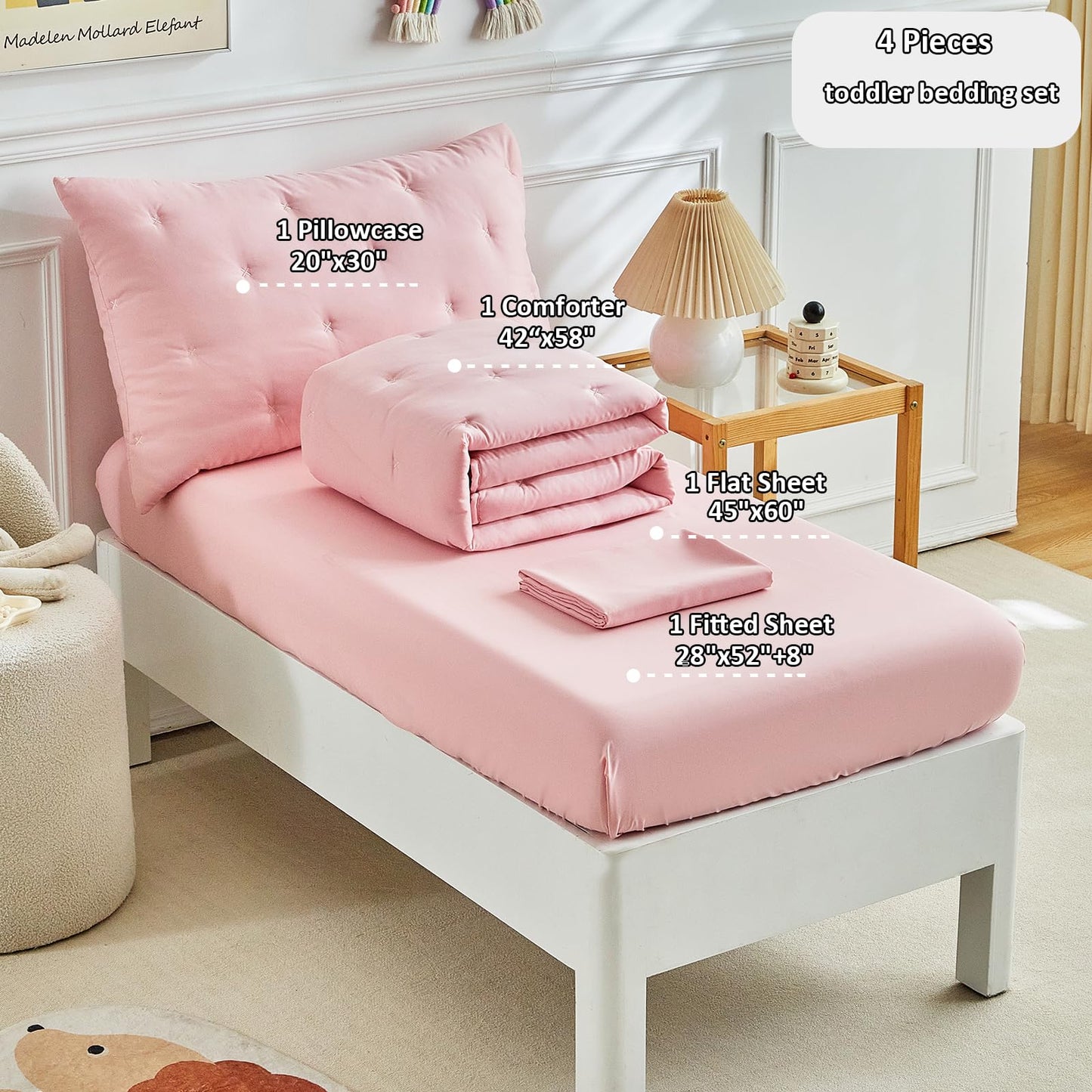 Dushow 4 Piece Toddler Bedding Set For Girls,Embroidery Crib Bed Comforter Set,Includes Toddler Bed Comforter,Fitted Sheet,Flat