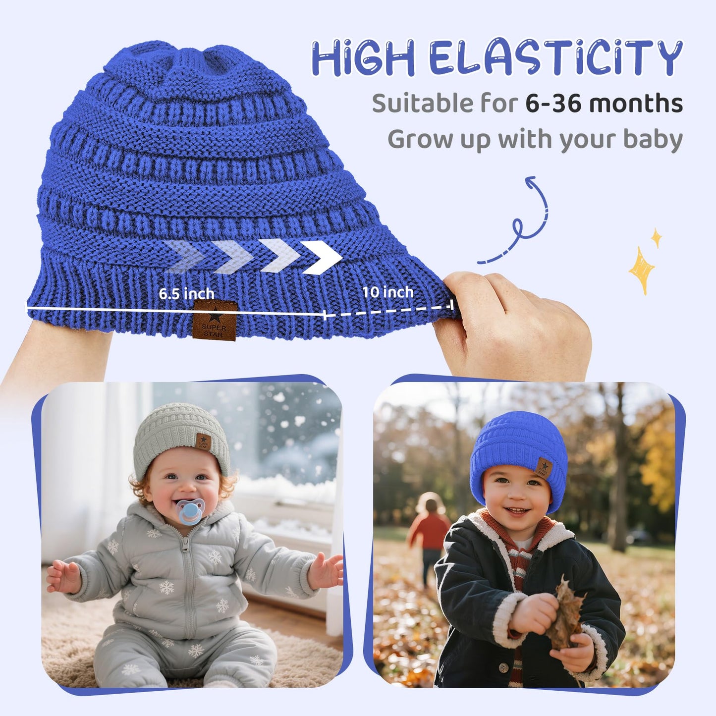 Durio Soft Warm Knitted Baby Hats Caps Cute Cozy Chunky Winter Infant Toddler Baby Beanies For Boys Girls 3 Pack Black White & L