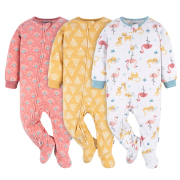 Gerber Baby Girls Flame Resistant Fleece Footed Pajamas 3-Pack And Toddler Sleepers, Pink Flamingos, 2T Us