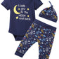 Baby Boys 3Pcs Outfit Set To The Moon And Back Romper Long Pants With Hat (3-6 Months)