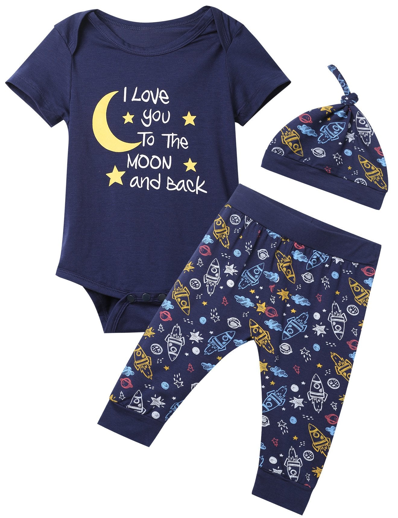 Baby Boys 3Pcs Outfit Set To The Moon And Back Romper Long Pants With Hat (3-6 Months)