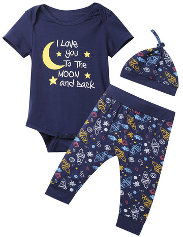 Baby Boys 3Pcs Outfit Set To The Moon And Back Romper Long Pants With Hat (3-6 Months)