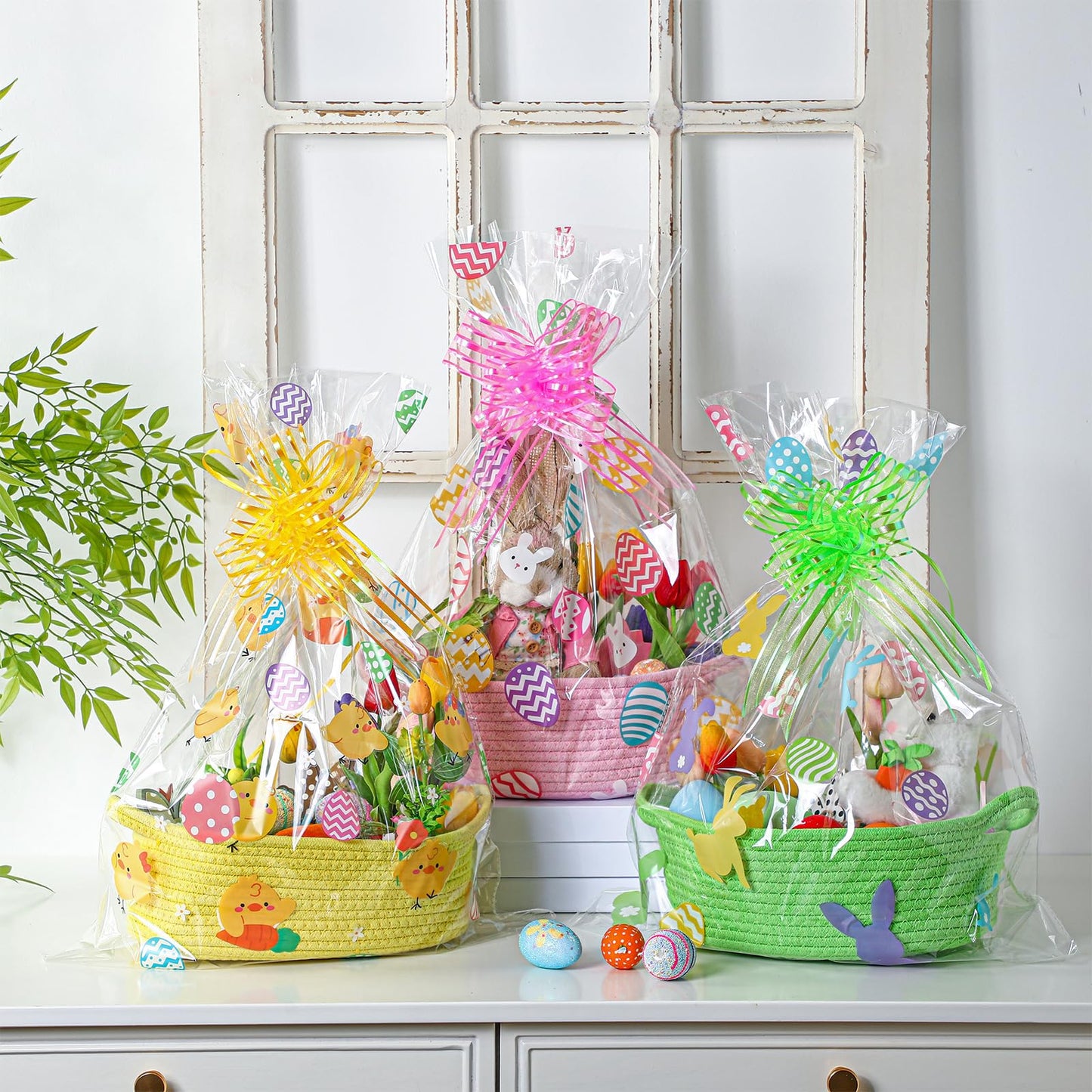 Teenyyou 3 Sets Easter Woven Baskets With Cellophane Gift Bags Bows 12 X 9 X 5 Inch Easter Gift Bags Empty Bunny Eggs Rope Baske