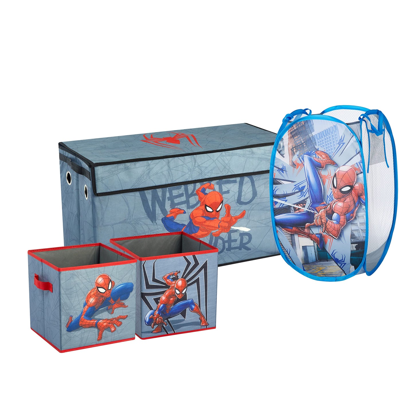 Marvel Spiderman 4 Piece Collapsible Storage Solution Set with Pop Up Hamper, Collapsible Storage Trunk and 2 Collapsible Storag