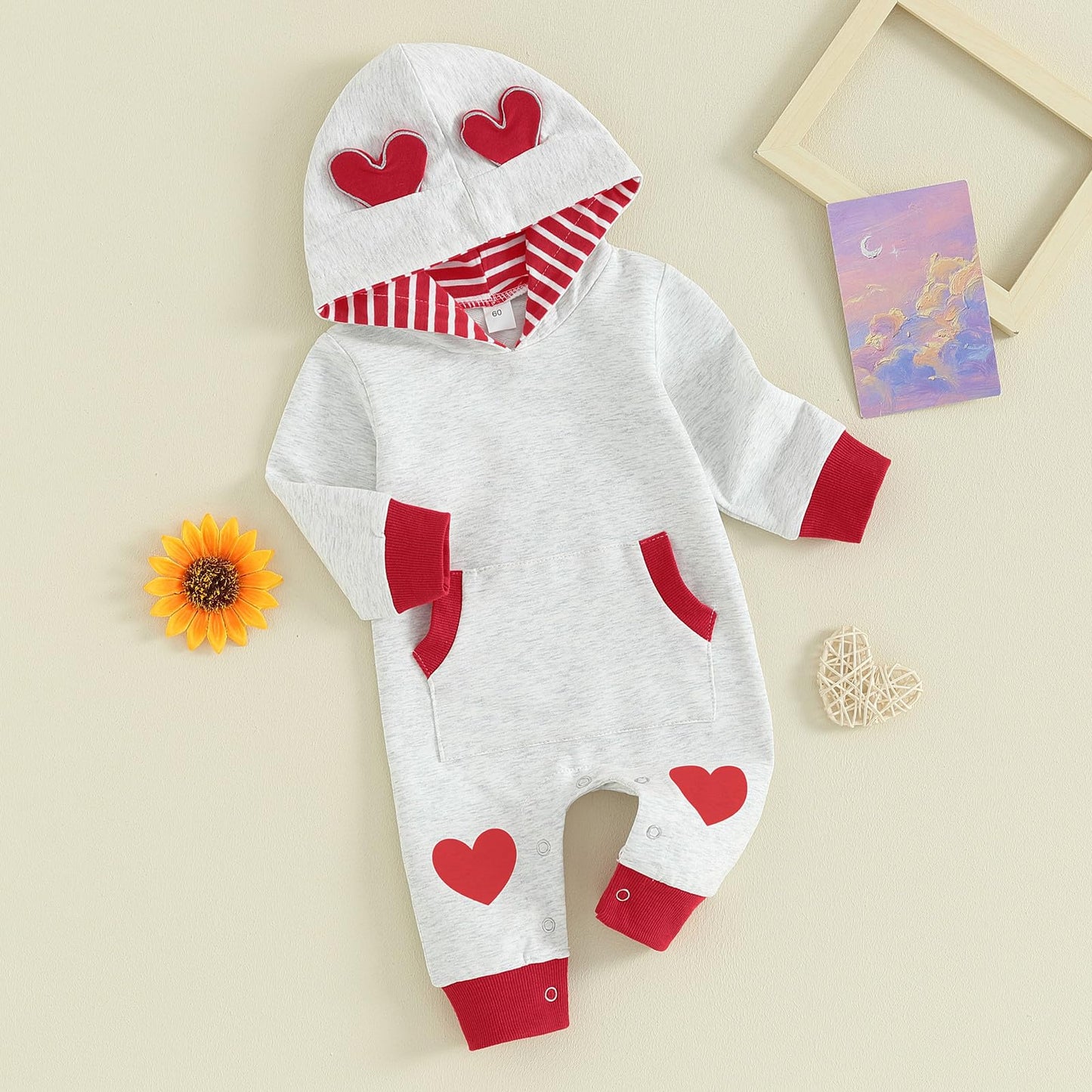 Bemeyourbbs Newborn Baby Boy Valentines Day Outfit Heart Pritn Long Sleeve Hooded Romper Jumpsuit Infant Winter Spring Clothes (