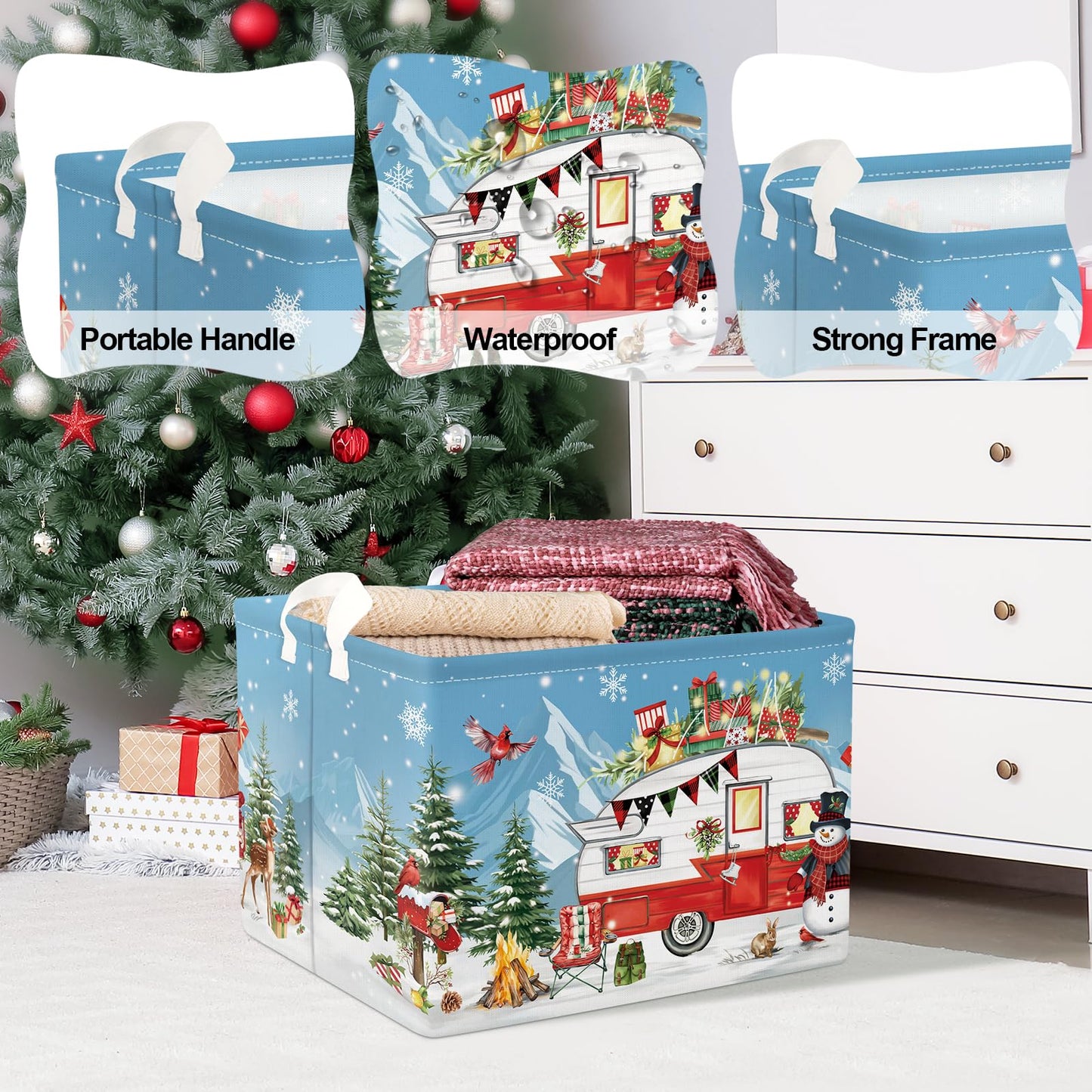 Clastyle Camping Caravan Christmas Gift Basket Winter Outdoor Deer Red Bird Snowman Storage Bin Snowflake Xmas Tree Kid Clothes
