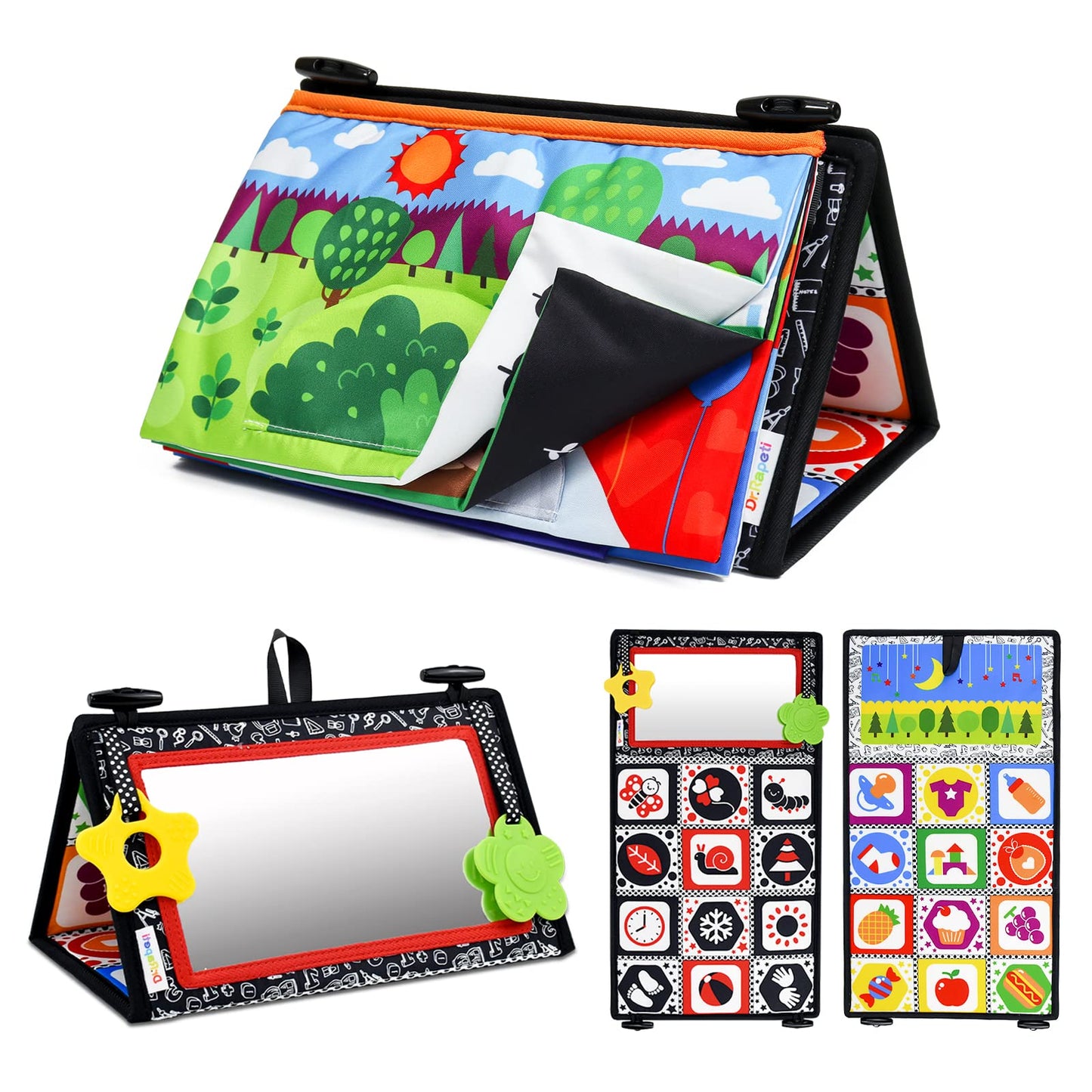 Dr.Rapeti Tummy Time Floor Mirror for Baby Infant Toddler Kids Black and White High Contrast Baby Toy with Crinkle Cloth Book Te