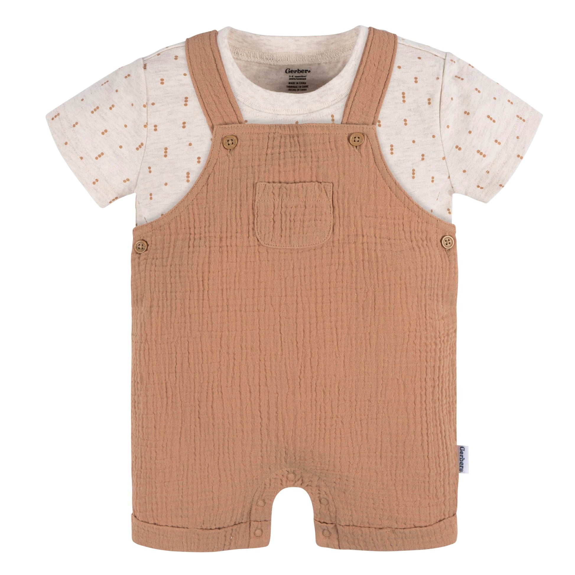 Gerber Unisex Baby Gauze Overall Romper and T-Shirt Set, Brown Dots, 6-9 Months