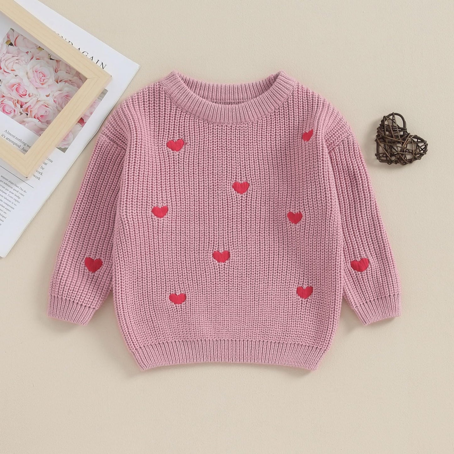 Baby Girl Cute Long Sleeve Crew Neck Love Embroidery Sweater Toddler Valentine Day Outfits (Rose Pink Heart, 0-3 Months)