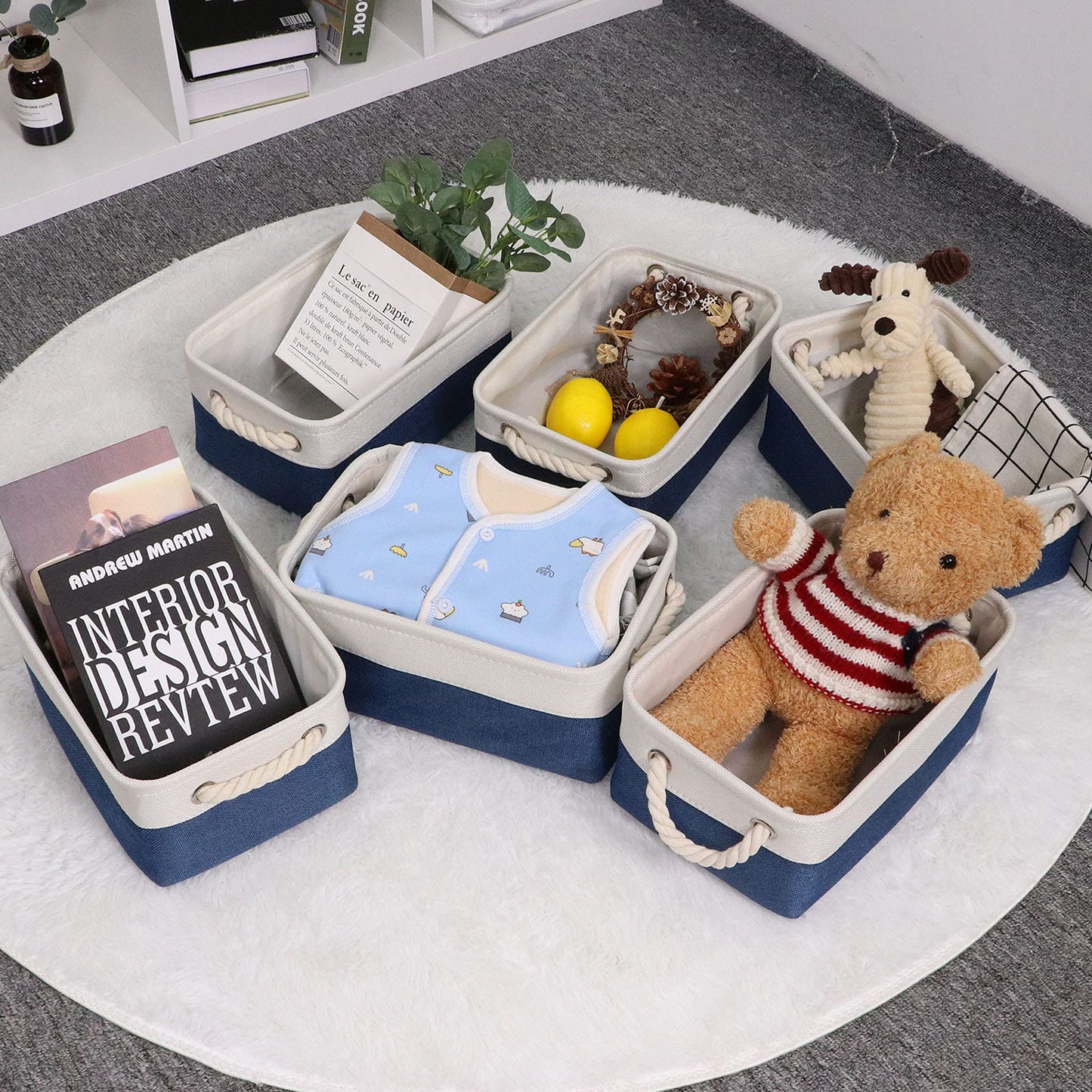 Bidtakay Small Canvas Storage Baskets With Handles [6 Pack] Navy Blue Storage Baskets Fabric Storage Bins 11.8 X 7.8 X 5 Inches