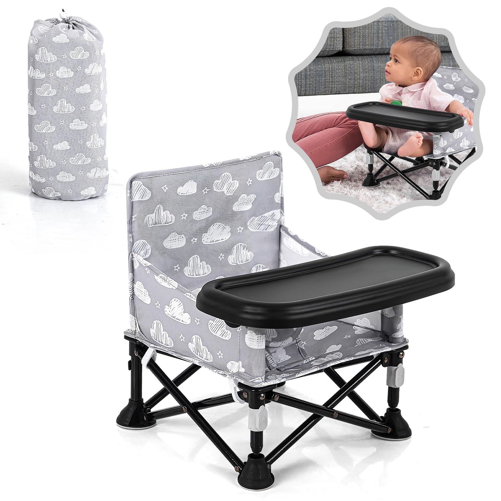 Toddler Booster Seat for Kitchen Chair & Travel - Portable Foldable with Removable Tray, Baby Camping Chair 6-36 Months Indoor O