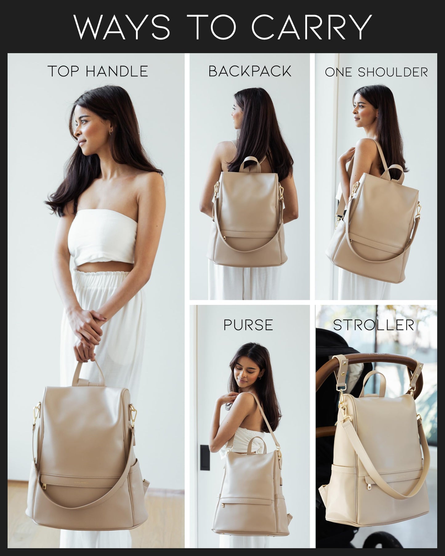 Mia + Sophia Leather Diaper Bag Backpack With Usb Charging Port, Changing Pad, Stroller Straps, And Bottle Holder (Beige Mia)