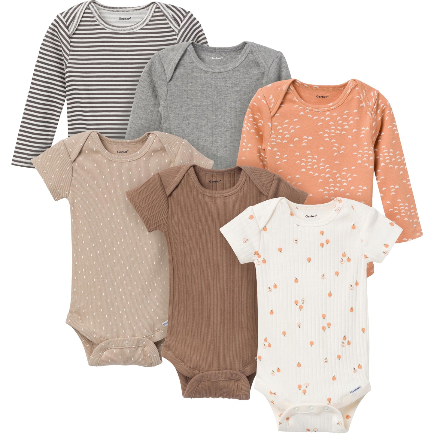 Gerber Unisex Baby Multi-Pack Onesies Bodysuits (Short And Long Sleeve), Tan Little Apples, 12 Months