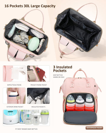 Baby Diaper Bag Backpack With Changing Pad, Pacifier Case - Pink Diaper Bags For Girl Boy Newborn Unisex Infant Toddler - Baby T