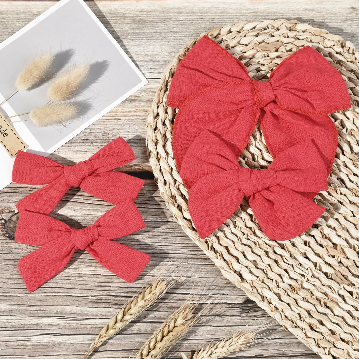 Deeka 4 Pcs Red Cotton Linen Hair Bows 3 Styles 5' & 4' Handmade Hair Bow Set For Toddler Girls Alligator Hair Clips Knot Bows